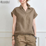 Summer Elegant Lapel Neck Solid Blouse Women Short Sleeve Solid Cotton Tops Casual Loose Blusas OL Work Shirt Oversize 703-0-Outfit