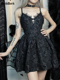 Dark Mall Gothic Aesthetic Scratched Women Dresses Grunge Lace Trim V-neck Elegant A-Line Dress Punk Bodycon Alt