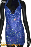 Rhinestone Backless Dress Sexy Deep V Neck Sleeveless Side Split Halter Dress Nightclub Party Evening