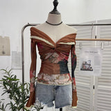 Fongt Oil Painting Print Collar A Word Twisted Folded Short-Sleeved Trumpet Blouse 9907