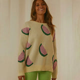 Knitted Women's Sweater Patchwork Fruit Print O-Neck Long Sleeve Female Sweaters 2022 Fashion Soft Thick Pullover