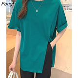 White Chic Women T-shirts Solid Color Loose Short-sleeved Tshirt Female Summer Casual Split Tees Elegant Yellow Tops