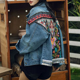 Women's Spring Boho Denim for Women Floral Appliques Embroidery Vintage Coat Long Sleeve Outerwear Female Jacket