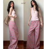 Fongt And Languid Temperament Short-Sleeved Top High Waist With Loose Pink Striped Broad Leg Trousers Set