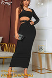 2023 Women's Elegant Solid Sexy One Shoulder Long Sleeve Hollow out Metal Ring Decoration Bodycon Sexy Maxi Party
