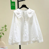 Fongt Embroidered Doll Collar White Shirt Women 2025 New Loose Thin Lantern Sleeve Shirt Top