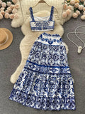 Fongt Blue And White Porcelain Printing Set Women's Summer Pure Desire To Bare Belt Slings Small Vest + High Waist Mid-Long Skirt