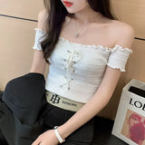 Slash Neck Cropped T-shirt Female Short Sleeve Sexy Knitted Laced Up Stretchable TShirts Crop Tops For Woman Summer-Outfit