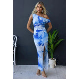 Fongt Spring And Summer New Slanted Shoulder Printing Elastic Force Of Rib Dress INS Casual Dress Women