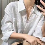 Fongt Spring And Summer New Shirt Women's Long-Sleeved Lace Splicing Design Sense Of Simple Commuting Thin Top