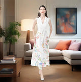 Fongt Women's Dress 2025 Holiday Style Suit Collar Sleeveless Lace Floral Print Long Dress
