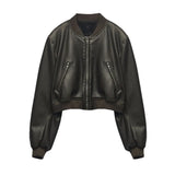 Fongt Temperament Casual Spring New Retro Collar Locomotive PU Imitation Leather Bomber Jacket Jacket