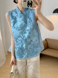 Chinese Heavy Industry Embroidered Cardigan Collar Chiffon Blue Shirt Summer New Style Chic Sleeveless Shirt Woman-Outfit