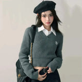 Cropped Sweater Women Solid V Neck Knitted Pullovers Vintage Preppy Slim Knitwears Korean Basic Black Grey Jumper Tops-Outfit