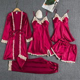 New Pajamas With Thoracic Silk Sexy Sling With Gold Lace Five-Piece Set Of Pajamas Thin