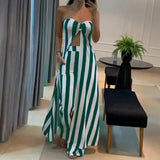 Fongt 2025 New Fashion Stripe Sexy Umbilked T-Shirt Trouser Dress Suit Woman