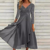 Fongt And Winter Long-Sleeved Chiffon Dress Splicing V-Neck Lace Hollow-Out Bridesmaid Evening