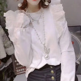 Women's Clothing Off Shoulder Shirt Spring Autumn Fashion Lace Spliced All-match Long Sleeve Korean O-Neck Solid Color Blouse-Outfit
