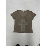 Fongt Sub-Series Cross Scald Copper Slanted Shoulder Loose Casual T-Shirt Hottie Street Sexy V-Neck On The Shoulder