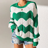 Fongt Yang Autumn New Fur Women's Loose Round Collar Hit The Striped Long-Sleeved Knitted Shirt Top