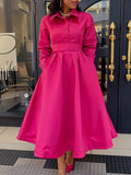 Fongt Women's Clothing 2025 Autumn New Large Swing Solid Color Collar Long Sleeve A Dress African Dress