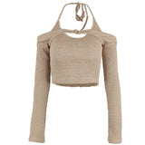 Fongt Pure Desire Wind Hot Girl Women's Sexy V Neck Hanging Neck Exposed Back Strap Vest One Word Collar Long Sleeve Vest