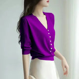 Pearl Button Knit Tops Women Candy Color V-neck Summer Tshirts V-neck Half Sleeve Tee Slim Knitwear Jumper Casual