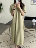 Fongt Chic Summer Retro Small Fresh Round Collar Tie Waist Show Thin Pleated Bubble Sleeve Dress Long Skirt Woman-Outfit