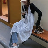 Summer New Lace Embroidery Dresses Simple Korean White Strap Dress for Women Y2k E-Girl Mid-length Loose Vestidos Mujer-Outfit