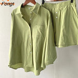 Retro Large Size 2023 Summer Cotton and Linen Shirt Suit High Waist Loose Shorts Two Peice Set for Women Matching