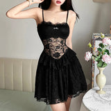 Fongt 2025 New Women's Solid Color Sexy Lace Splicing Design Body-Body Perspective Sling Dress