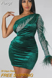 Beautiful Mesh Sleeve Single Shoulder Sequin Feather Mini Dress Luxury See-Through Velvet Party Dress Birthday