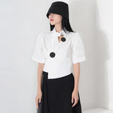 TWOTWINSTYLE White Casual Cut Out Shirts Female Irregular Collar Short Sleeve Asymmetrical Korean Fashion Woman Blouses 2022