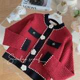 Girl Fragrance Pearl Flower Button Temperament Knitted Cardigan Female Sweet Minority Sweater 703-1-Outfit