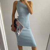 Slanting Shoulder Solid Color Knitted Dress Ins Xia Xian Slim Body Including Hip Middle Skirt Sleeveless Summer-Outfit