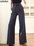 Solid Color Pants 2023 VONDA Women Casual High Waist Zipper Long Trousers Wide Leg Pants Palazzo Pants Pantalon Femme 1028-0-Outfit