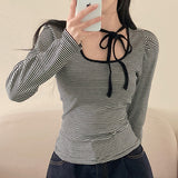 Fongt Girl Wind Around The Neck Tidling Design Bow Long-Sleeved T-Shirt Temperament Striped Print Top