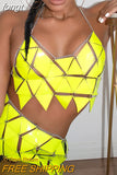 Women PU Leather Geometry Patchwork 2 Piece Set Sexy Hollow Backless Tank Top Adjustable Mini Skirt Set Party Club Rave