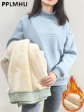 Thicken Sweatshirt Women's Casual Loose Lambwool Half Turtleneck Pullover Streetwear Warm Tops Fleece Lined