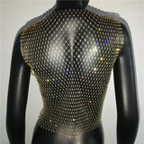 Sexy Mesh Crop Tops for Women 2023 Summer Rhinestones Fashion Party See Through Fishnet Tank Hollow Out Backless Top