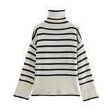 Women Fashion Chic Striped Oversized Knit Sweater Top Long Sleeves High Neck Casual Woman Knitted Sweaters