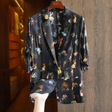 The Summer Of 2023, A New Black Heavyweight Small Suit Jacket For Women's Seven-Cent Sleeves Retro Brand Printed Loose Blouse-Outfit