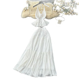 Fongt Holiday Set Women In Summer Pure Want To Close Waist Hanging Neck Lace Splicing Sling Vest Fairy Chiffon Half-Body Skirt