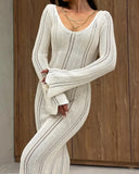 Fongt Women's Fashion Elegant V-Neck Knitted Dress Horny Sleeves Hollowed-Braceed Long Dress