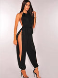 Sexy Gold Metallic Slit Leg Harem Jumpsuits Rompers Stylish Halter V Neck Keyhole Bandage Jumpsuits Overalls