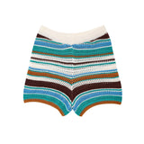 Fongt Women's 2025 New Crochet POLO Shirt Collar Striped Crochet Shorts Set