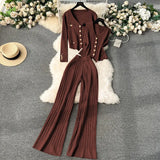 Fongt Feel Set 2025 Spring Women's Metal Buckle Vest Knitted Open-Shirt Broad Leg Pants Fashion Three-Piece Set