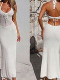 Fongt Beach Hoodie Hanging Neck Sexy Low Chest Bare Back Knitted Long Sunscreen Skirt
