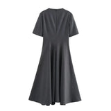 Fongt Women's Clothing Explosion Fashion Waist Wave Wide Swing Short-Sleeved Fan Flute Dress