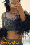 Rhinestone Feather Women's T-Shirt Fishnet Mesh Hollow Out See Through Long Sleeve Crop Tops Tee Party